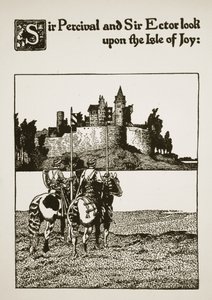 Sir Percival en Sir Ector kijken naar het Eiland van Vreugde, illustratie uit 